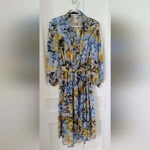 Button-Front Floral Midi Dress in Blue and Yellow